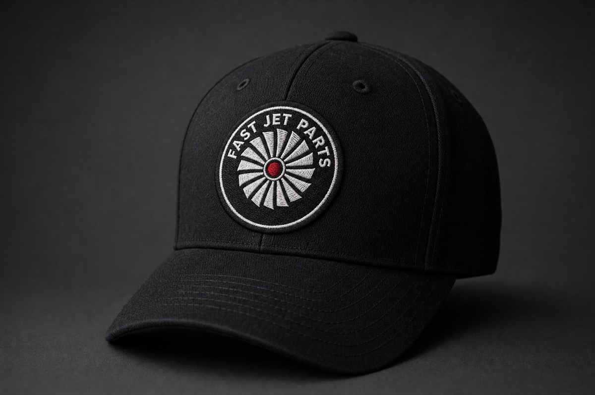 Direction B concept — embroidered turbine roundel patch on a black cap